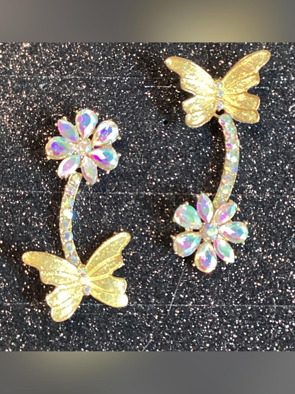 Gold Butterfly & Aurora Crystal Flower Earrings